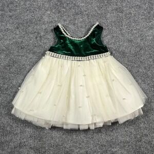 Couture Princess Ball Gown Dress Girls 12M Green Velvet Tulle Pearl Rhinestone